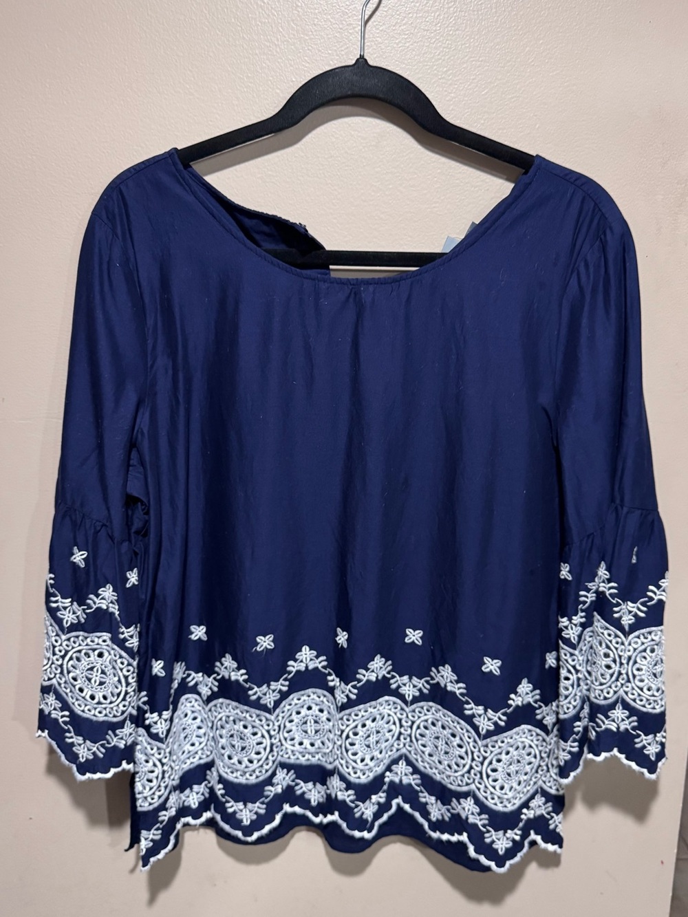 New York & Company Soho Jeans Navy Blouse with White Embroidery Bell Sleeves